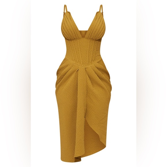 Olive Textured Corset Pleated Midi Dress - Picture 5 of 5